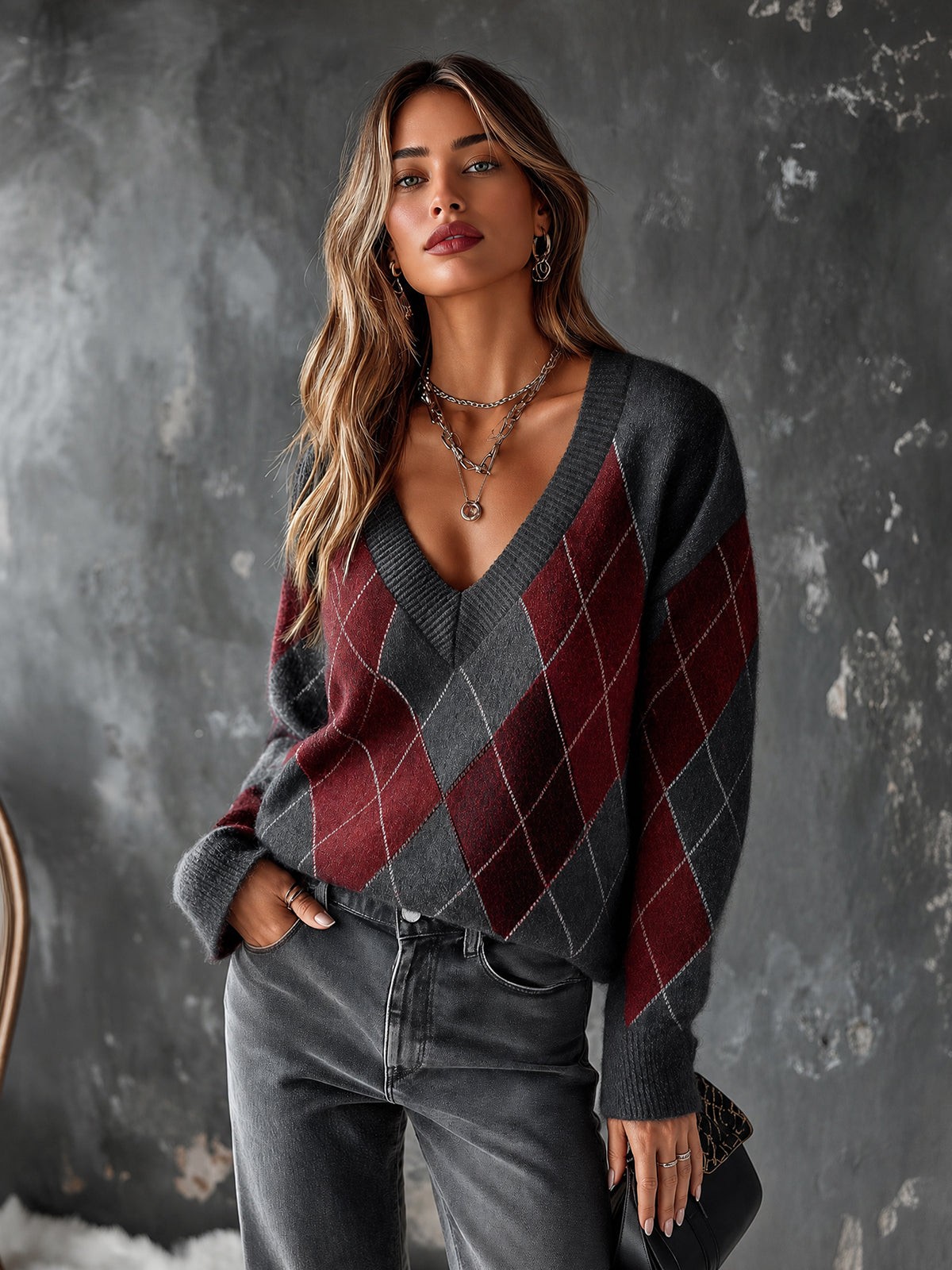 ElevenOra Chic Elegant Gray-Red Colorblock Argyle Jacquard V-Neck Long-Sleeve Loose-Fit Wool Blend Knit Sweater