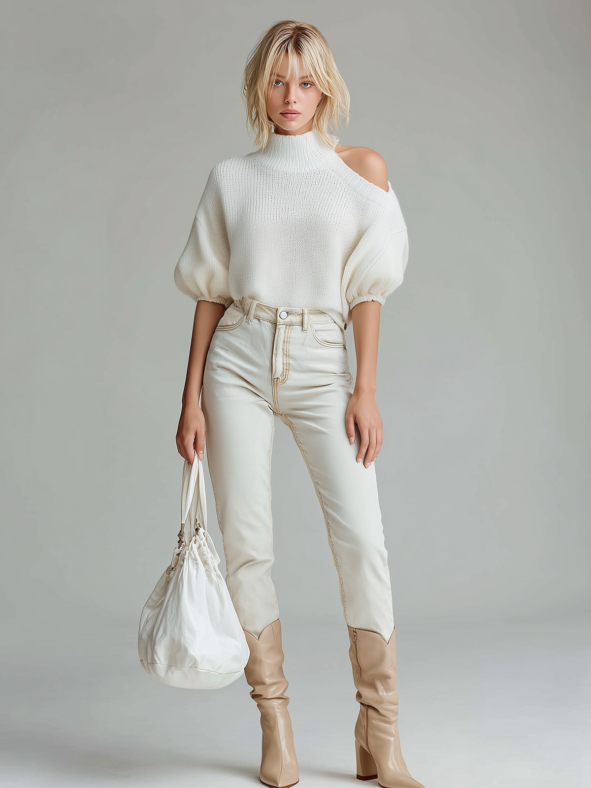 ElevenOra Fashion Elegant White High-Neck Off-Shoulder Lantern Sleeve Short-Sleeve Loose Knit Sweater