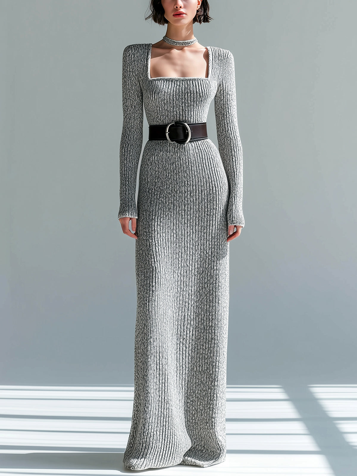 ElevenOra Retro Elegant Heathered Gray Square Neck Belted Long-Sleeve Ribbed Knit Bodycon Maxi Dress