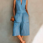 ElevenOra Chic Elegant Blue Stripes Cotton Linen Blend Stand-Collar V-Neck Sleeveless Patch Pockets Loose-Fit Cropped Jumpsuit