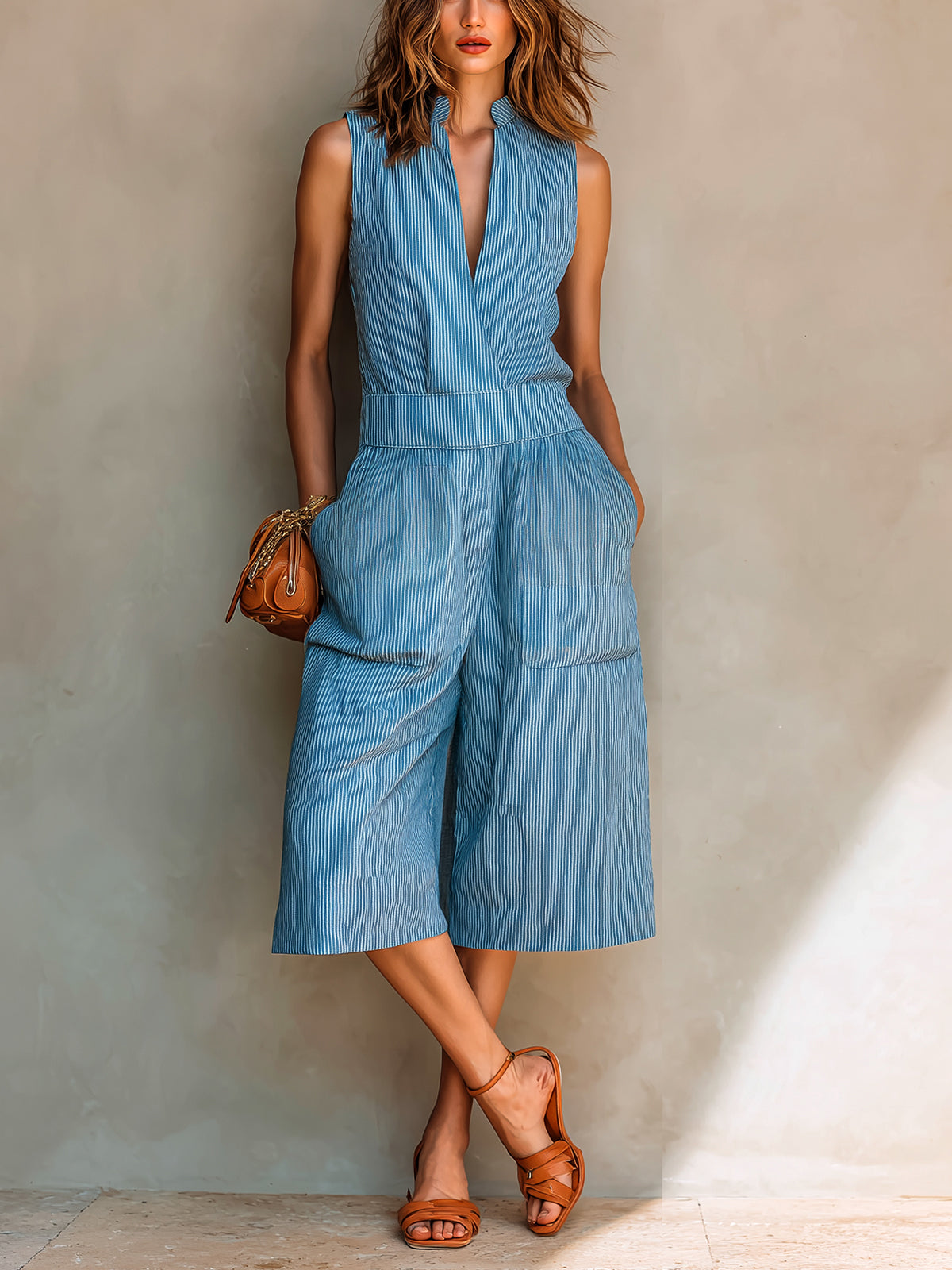 ElevenOra Chic Elegant Blue Stripes Cotton Linen Blend Stand-Collar V-Neck Sleeveless Patch Pockets Loose-Fit Cropped Jumpsuit