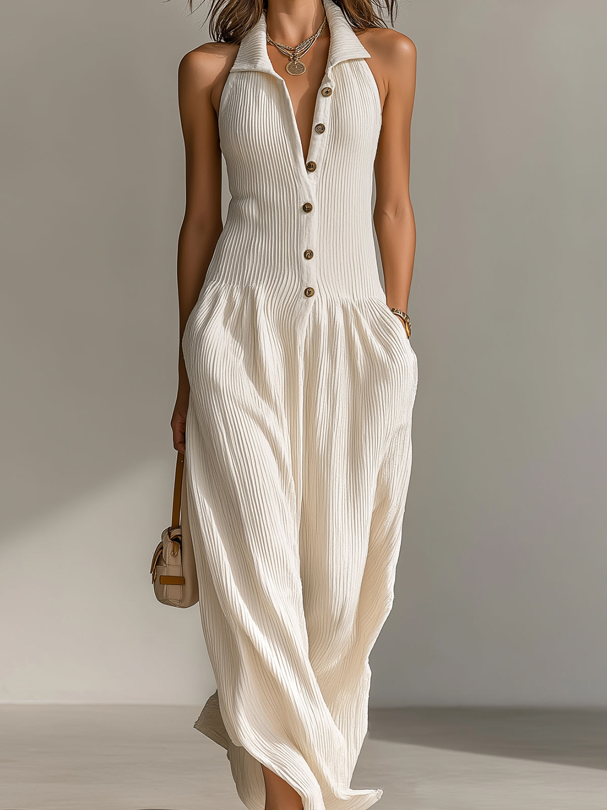 ElevenOra Chic Elegant Cream White Lapel Collar Button-Front Sleeveless Tailored Waist Loose-Fit Ribbed Knit Maxi Dress