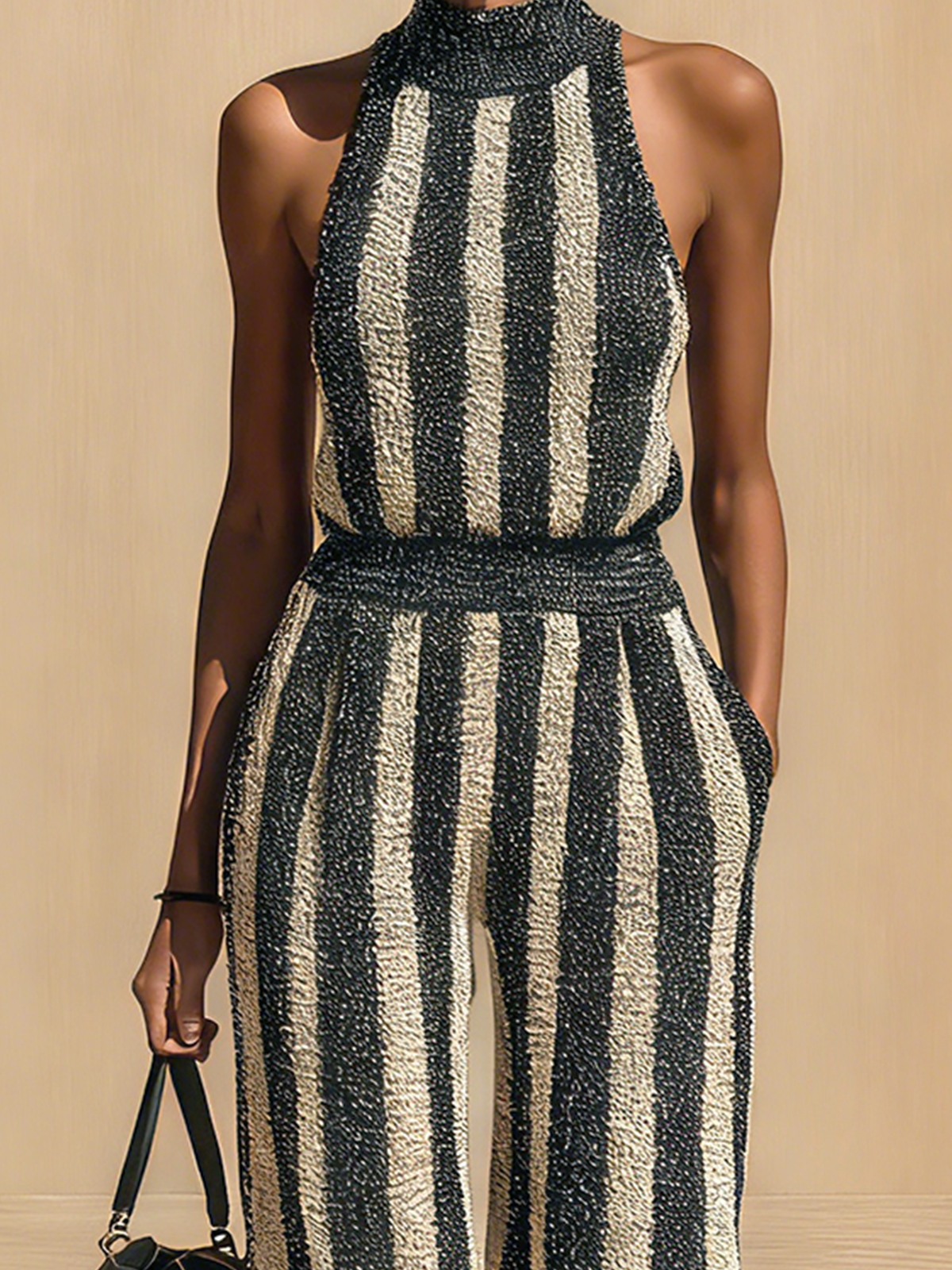 ElevenOra Chic Elegant Black-Beige Striped Mock-Neck Sleeveless Slim Fit Wide-Leg Ribbed Knit Jumpsuit