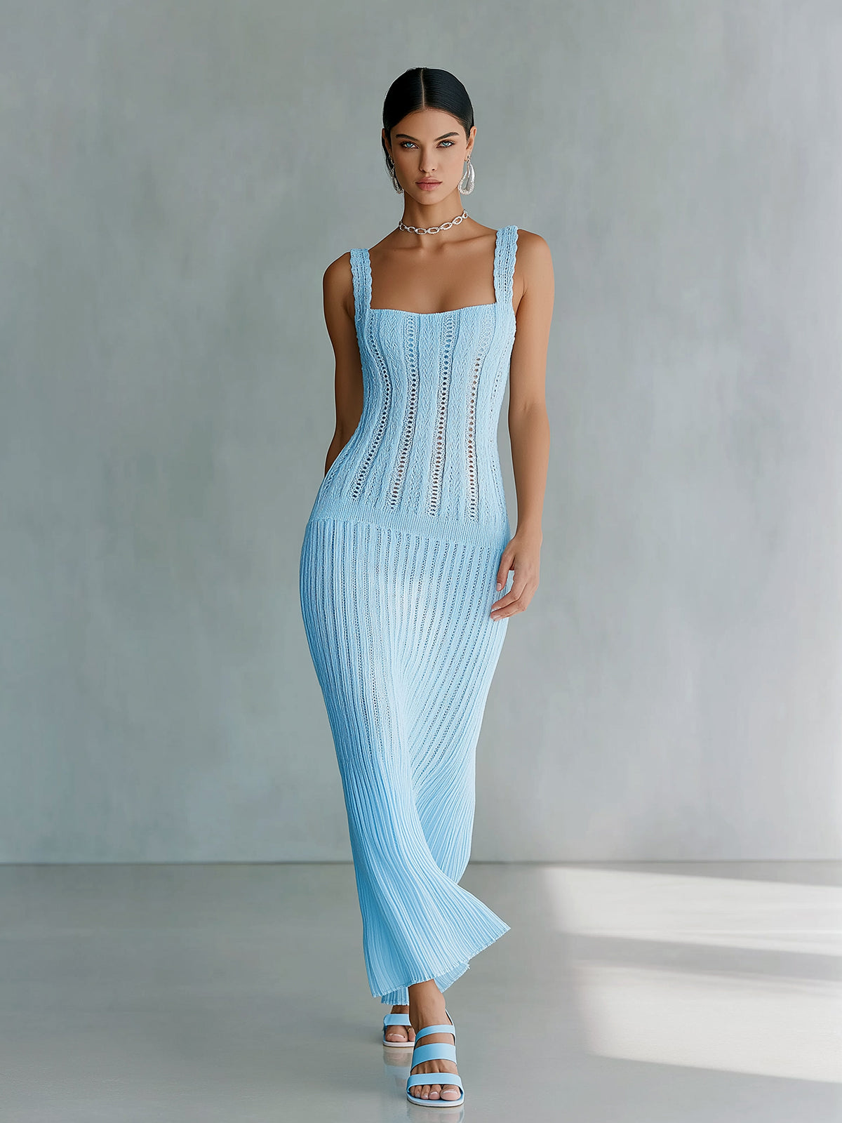 ElevenOra Chic Elegant Blue Square Neck Sleeveless Slim-Fit Hollow Ribbed Knit Holiday Maxi Dress