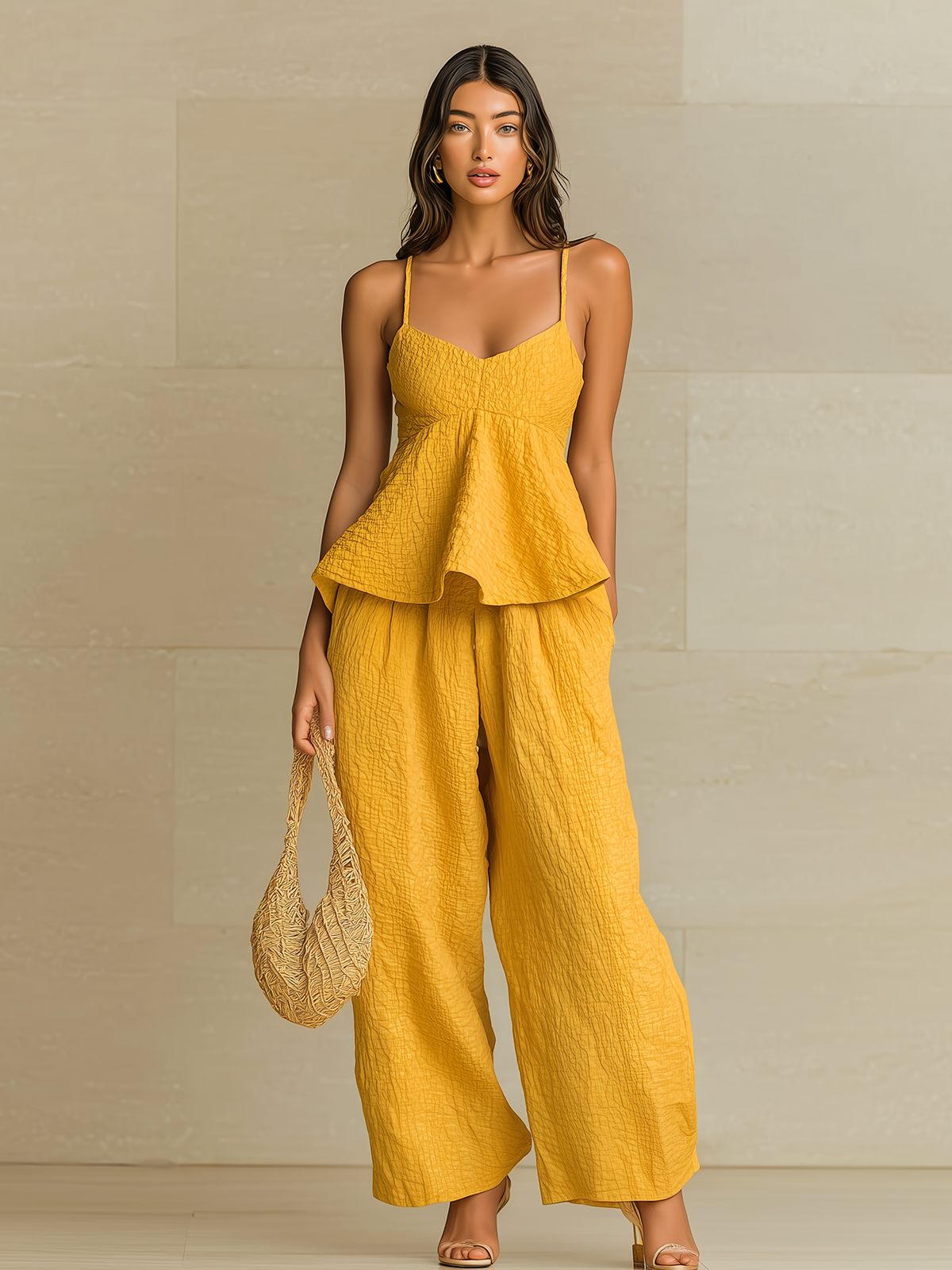 ElevenOra Chic Elegant Yellow V-Neck Flounced Hem Tank Top Loose Crinkled Fabric Wide-Leg Pants Two-Piece Set