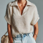 ElevenOra Chic Elegant Beige Lapel V-Neck Short-Sleeve Loose-Fit Knit Sweater Top