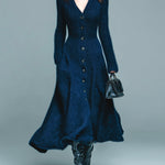 ElevenOra Chic Elegant Royal Blue V-Neck Single-Breasted Long Sleeve Slim Fit Fuzzy Knit Flared Hem Maxi Dress