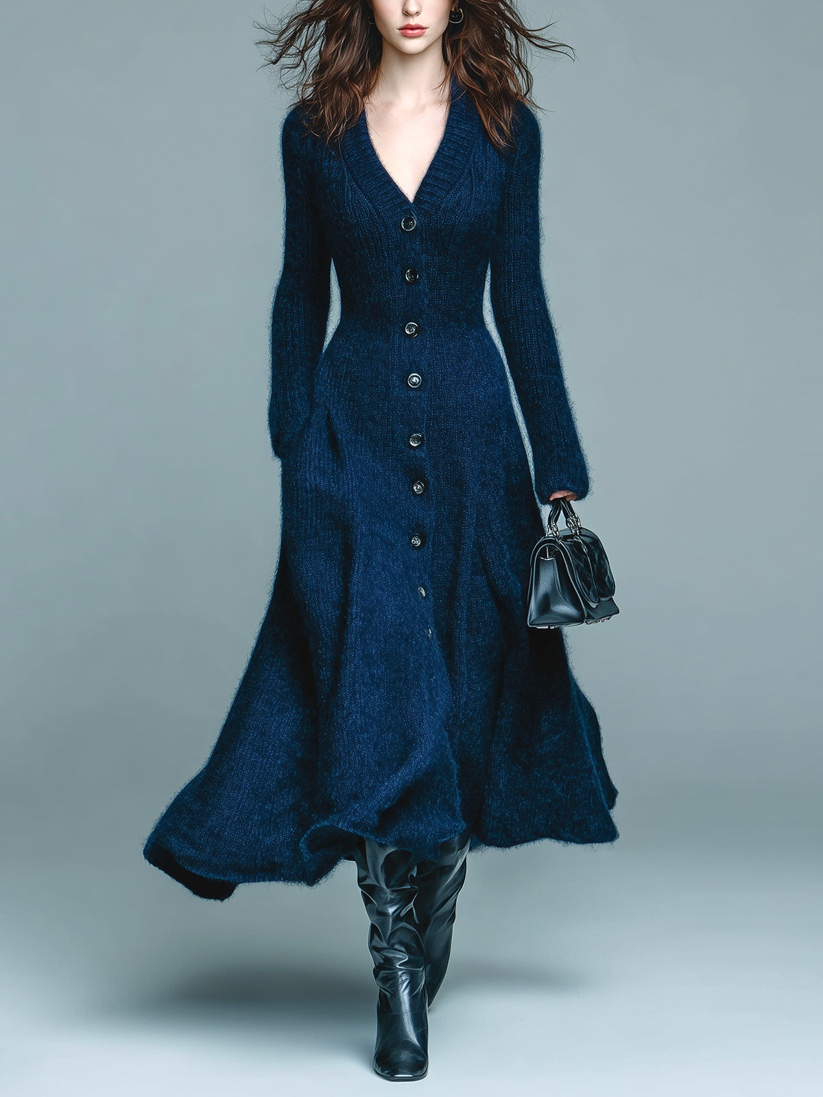 ElevenOra Chic Elegant Royal Blue V-Neck Single-Breasted Long Sleeve Slim Fit Fuzzy Knit Flared Hem Maxi Dress