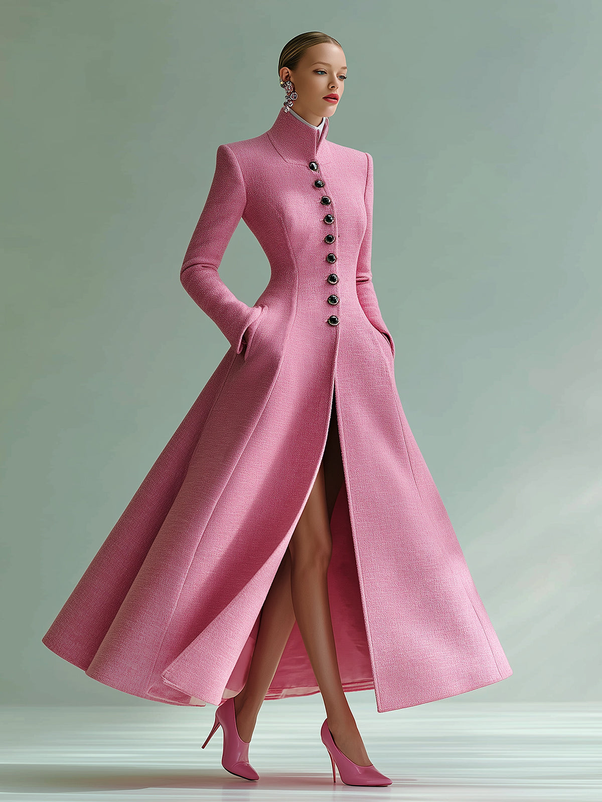 ElevenOra Vintage Pink Stand-up Collar Wool Blend Single-breasted Tailored Maxi Dress Coat
