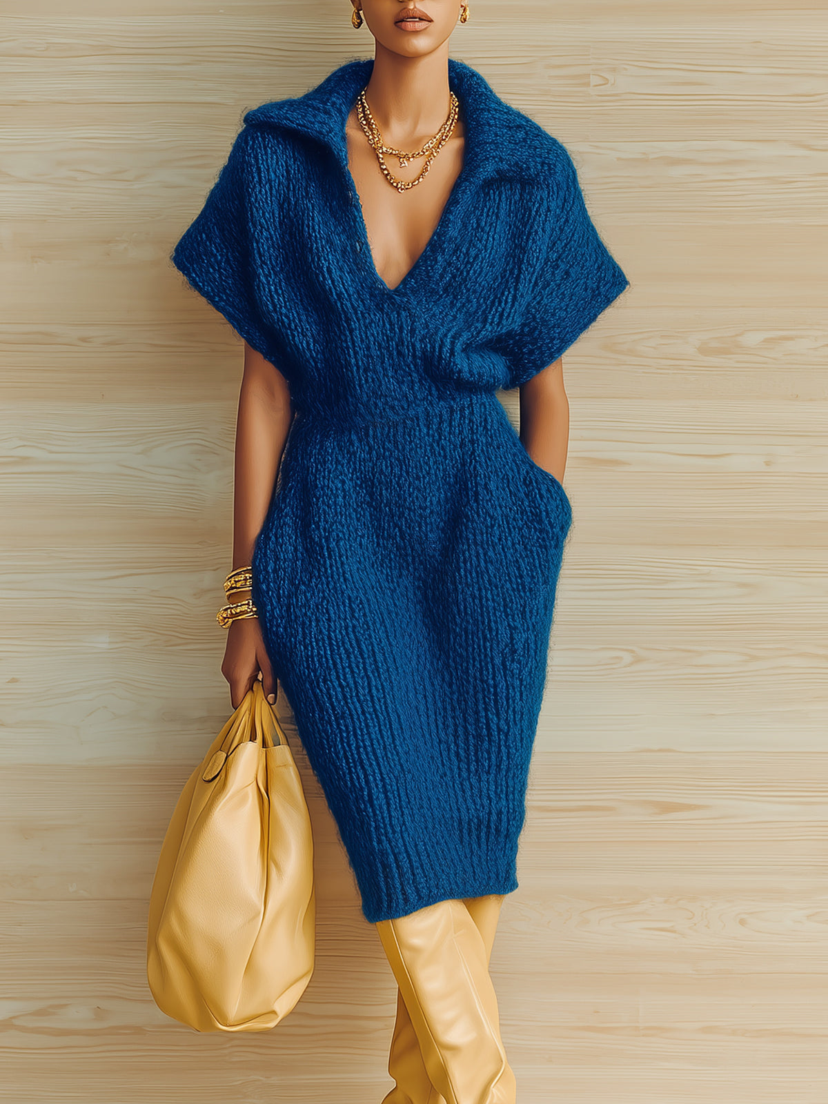 ElevenOra Chic Vintage Royal Blue Lapel V-Neck Short-Sleeve Tailored Waist Loose Knit Midi Dress