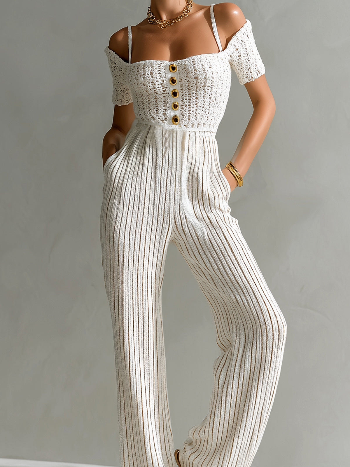 ElevenOra Chic Elegant White Off-The-Shoulder Square Neck Short-Sleeve Gold Button Detail Tailored Waist Wide Leg Crochet Ribbed Knit Jumpsuit