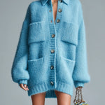 ElevenOra Chic Casual Blue Lapel Single-Breasted Multi-Pocket Fuzzy Slouchy Knit Cardigan