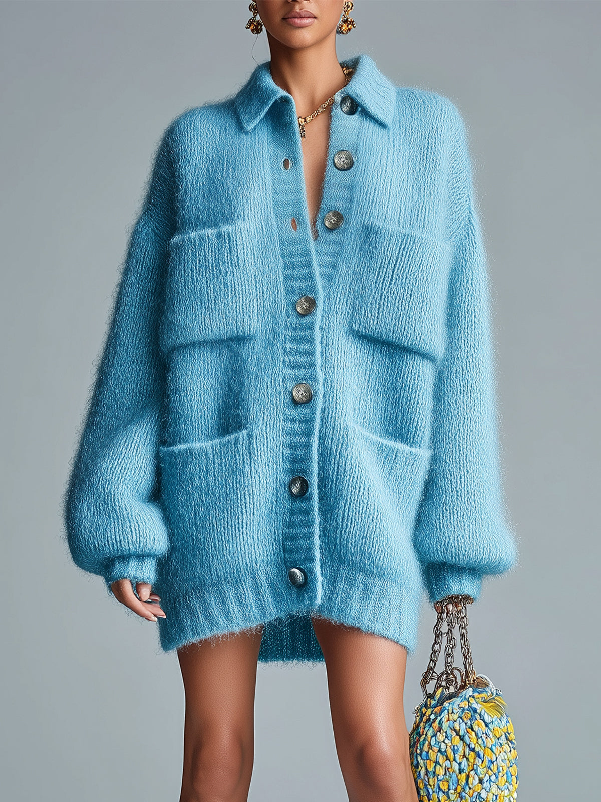 ElevenOra Chic Casual Blue Lapel Single-Breasted Multi-Pocket Fuzzy Slouchy Knit Cardigan