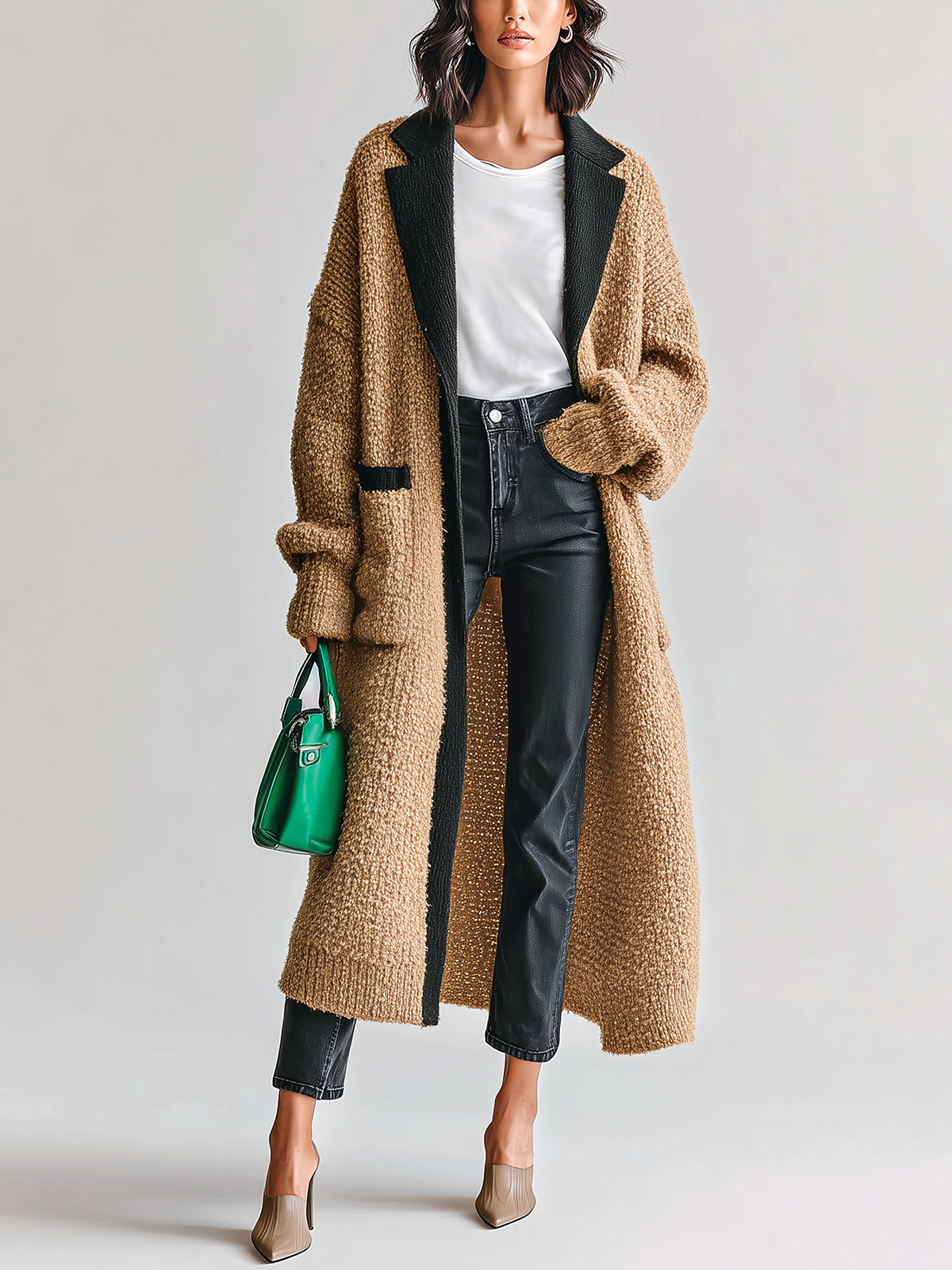 ElevenOra Chic Vintage Camel Black Colorblcok Notched Collar Single-breasted Long Sleeve Patch Pocket Knit Long Cardigan