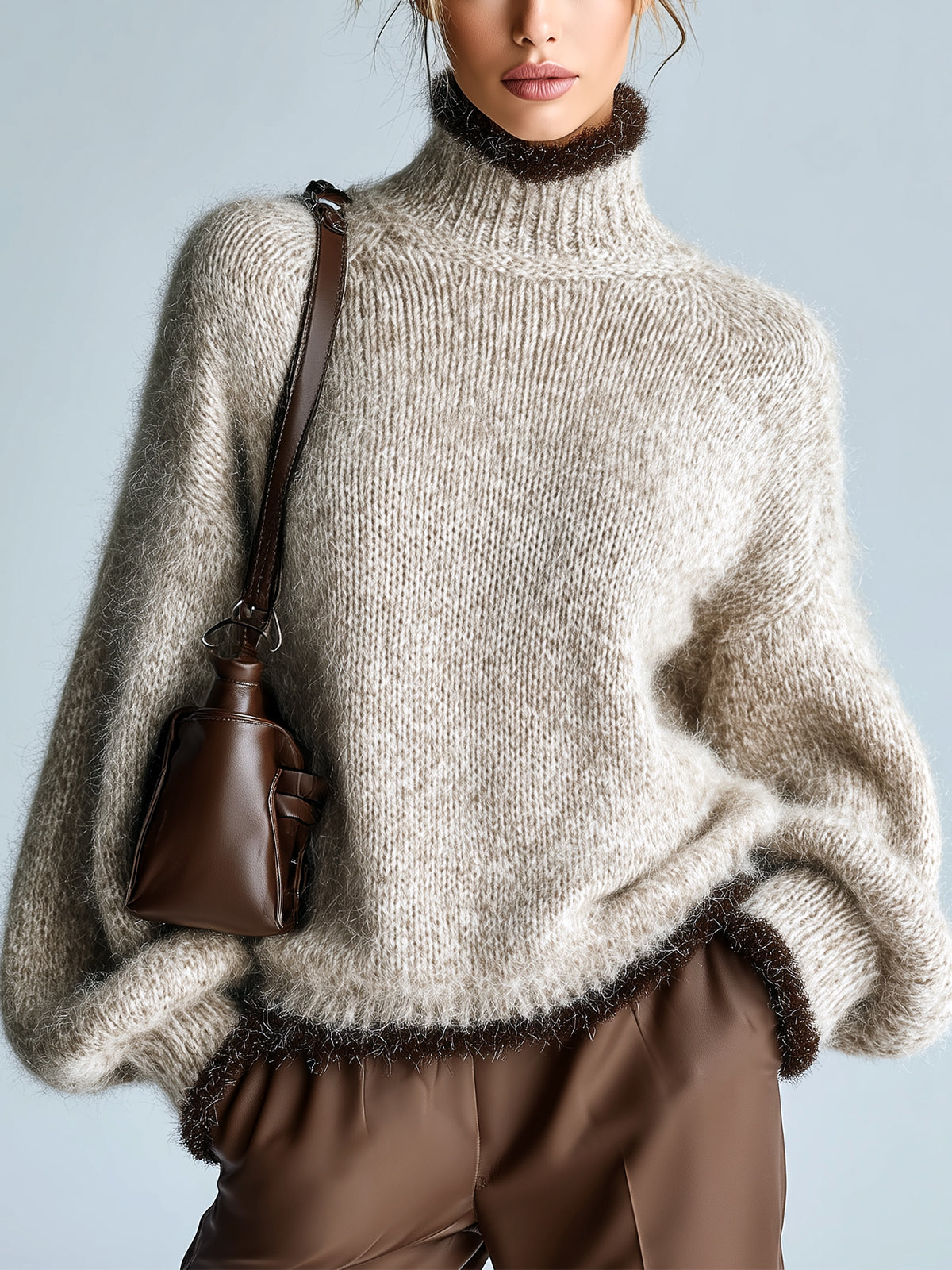 ElevenOra Chic Casual Mock Neck Contrast Trim Oversized Long Lantern Sleeve Knit Sweater Top