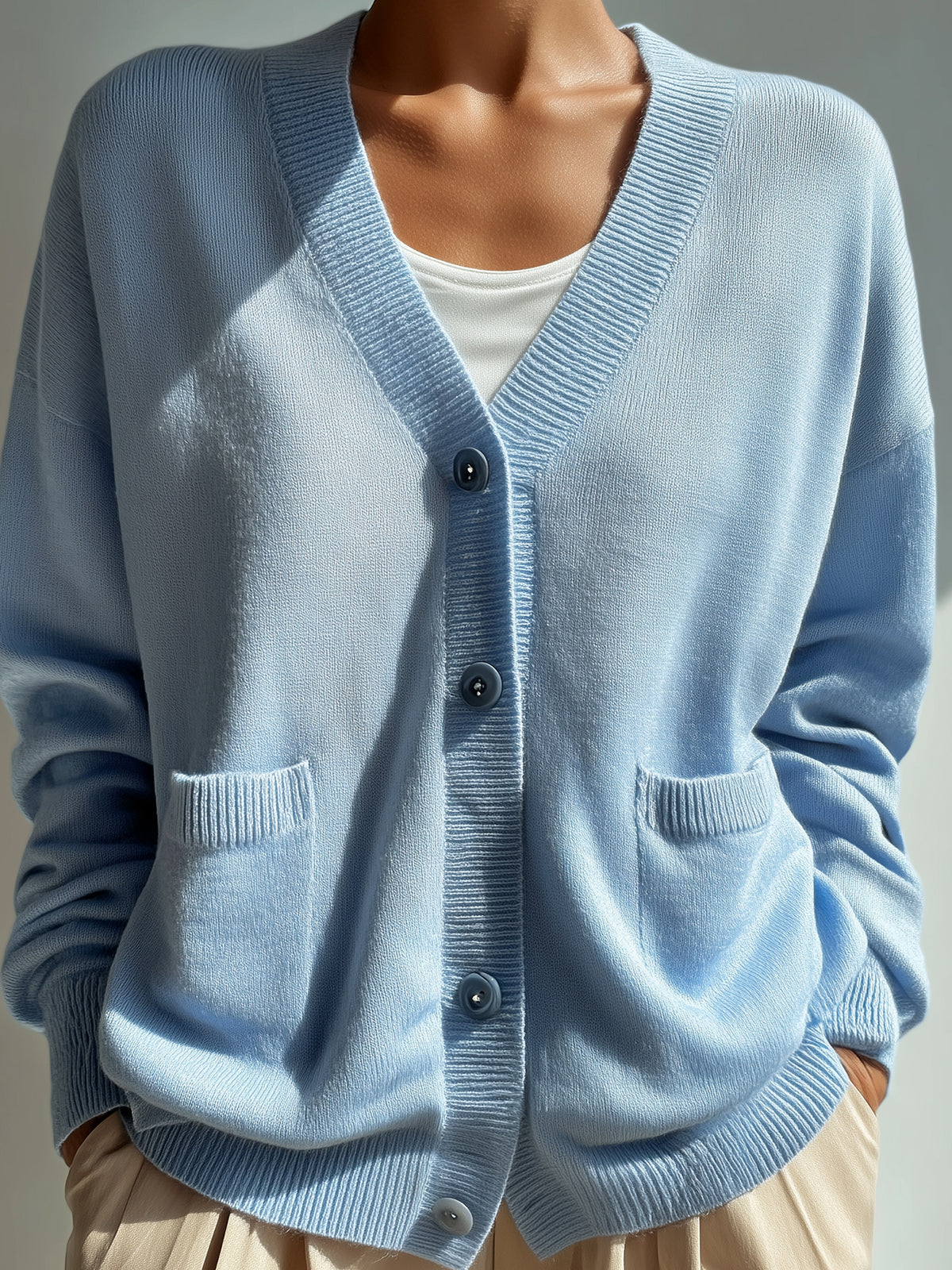 ElevenOra Casual Light Blue V-Neck Single-Breasted Double Pocket Slouchy Knit Cardigan