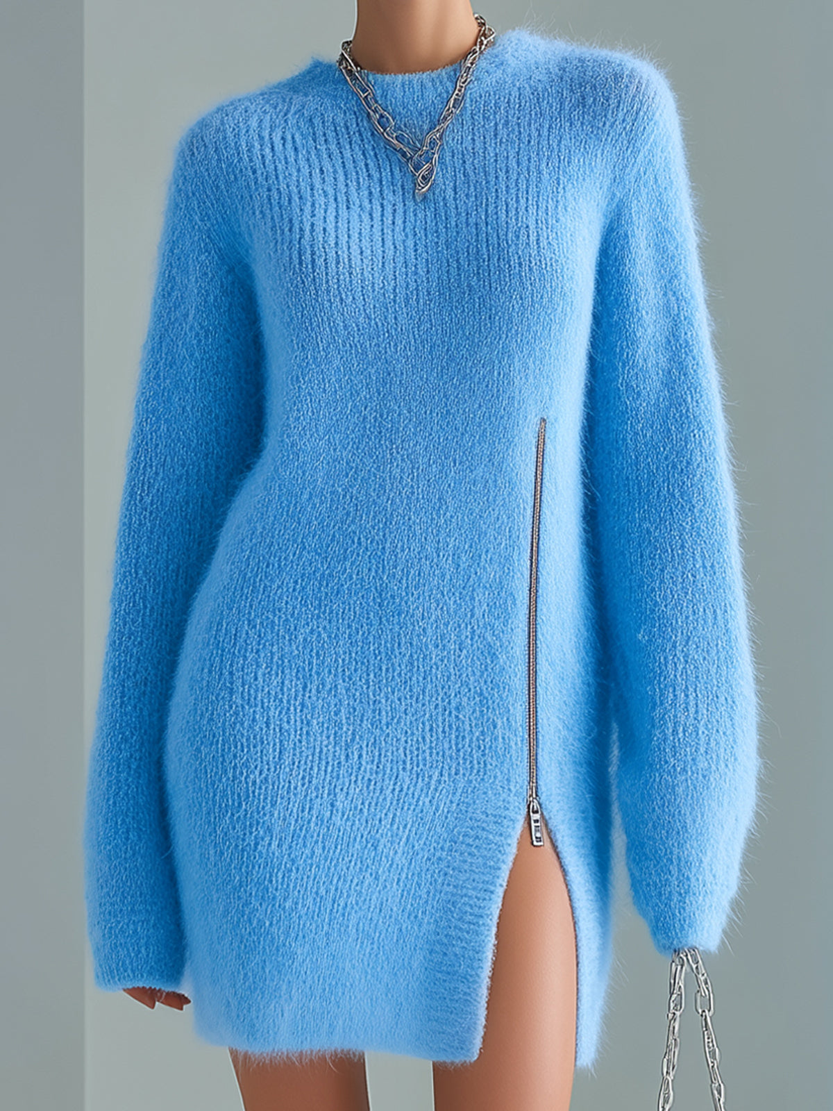 ElevenOra Chic Casual Blue Round Neck Long Sleeve Zipper-Front Side Slit Oversized Fuzzy Knit Mini Dress