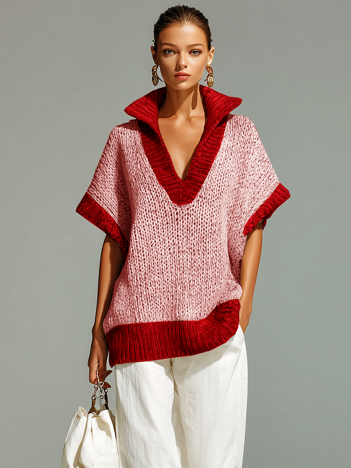 ElevenOra Fashion Casual Beige Stand-Collar Colorblock Loose Sleeveless Knit Vest