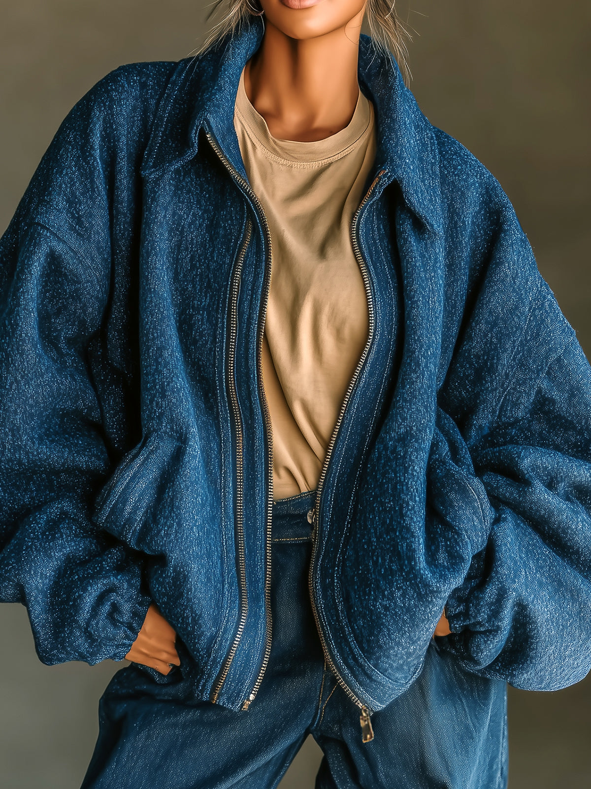 ElevenOra Casual Chic Dark Blue Wool Blend Lapel Zip-Front Oversized Bomber Jacket