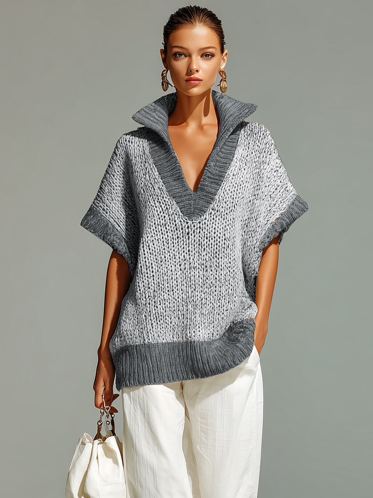 ElevenOra Fashion Casual Beige Stand-Collar Colorblock Loose Sleeveless Knit Vest