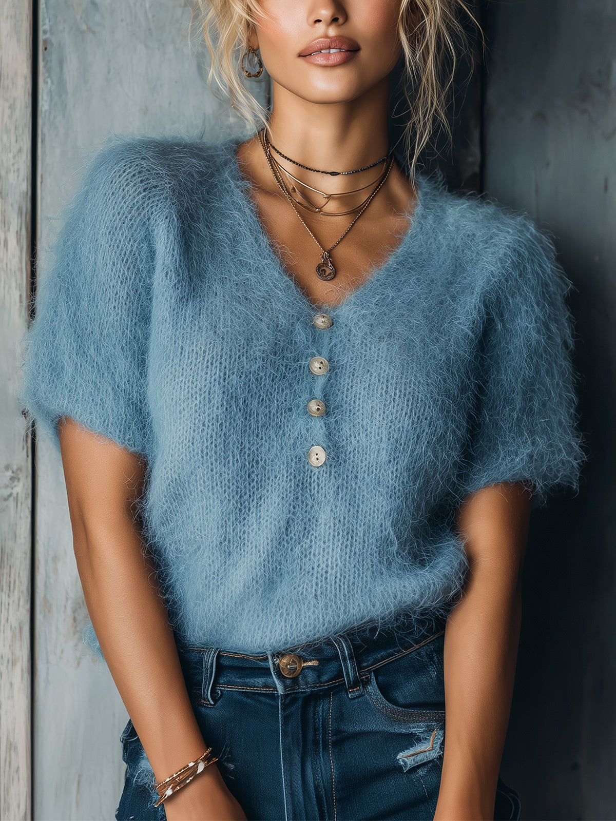 ElevenOra Chic Casual Haze Blue V-Neck Short-Sleeve Button-Front Loose-Fit Fuzzy Knit Sweater Top