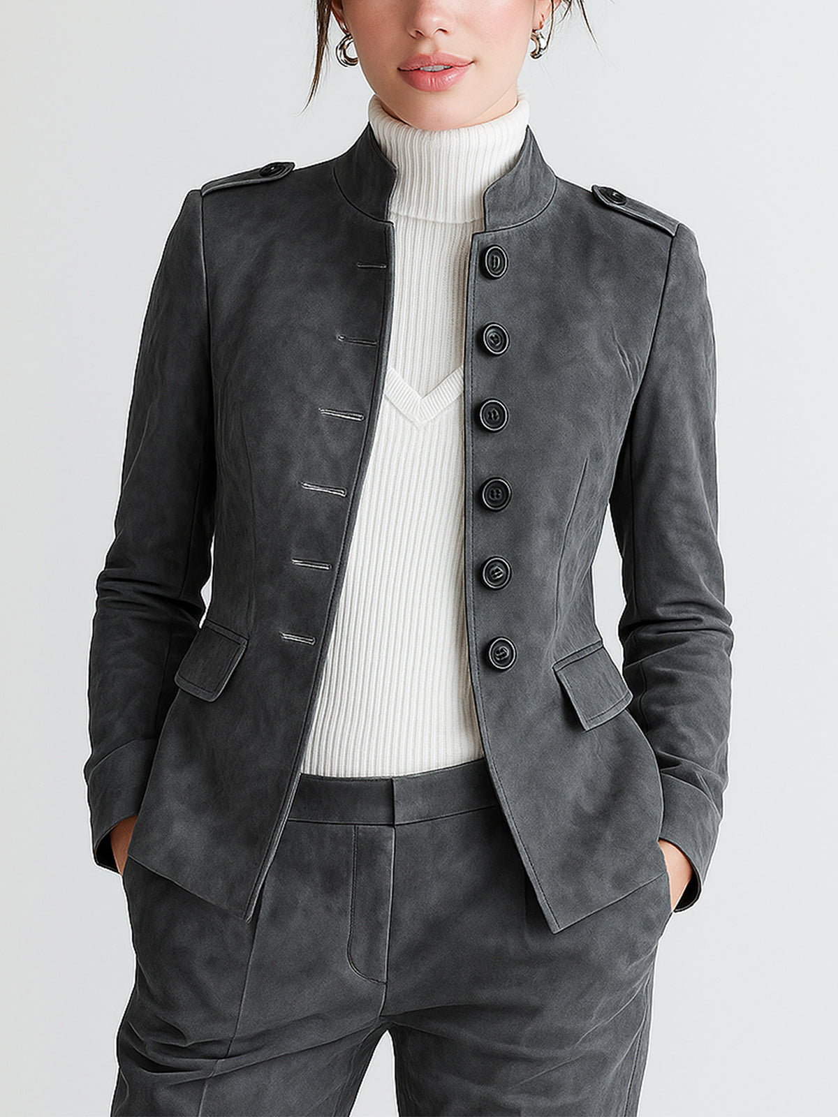 ElevenOra Sophisticated Office Faux Suede Stand Collar Button-Front Epaulet Slim-Fit Blazer