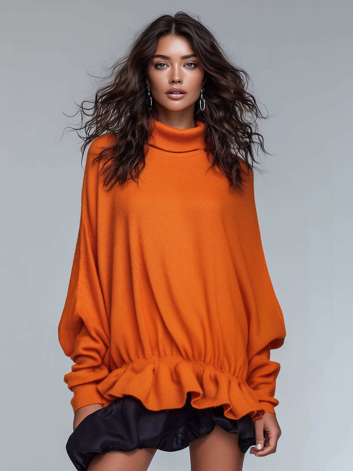 ElevenOra Chic Casual Orange Turtleneck Batwing Sleeve Ruffled Hem Oversized Knit Top