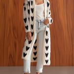 ElevenOra Chic Elegant Black White Heart Pattern Collarless Long-Sleeve Loose-Fit Knit Mid-Length Cardigan