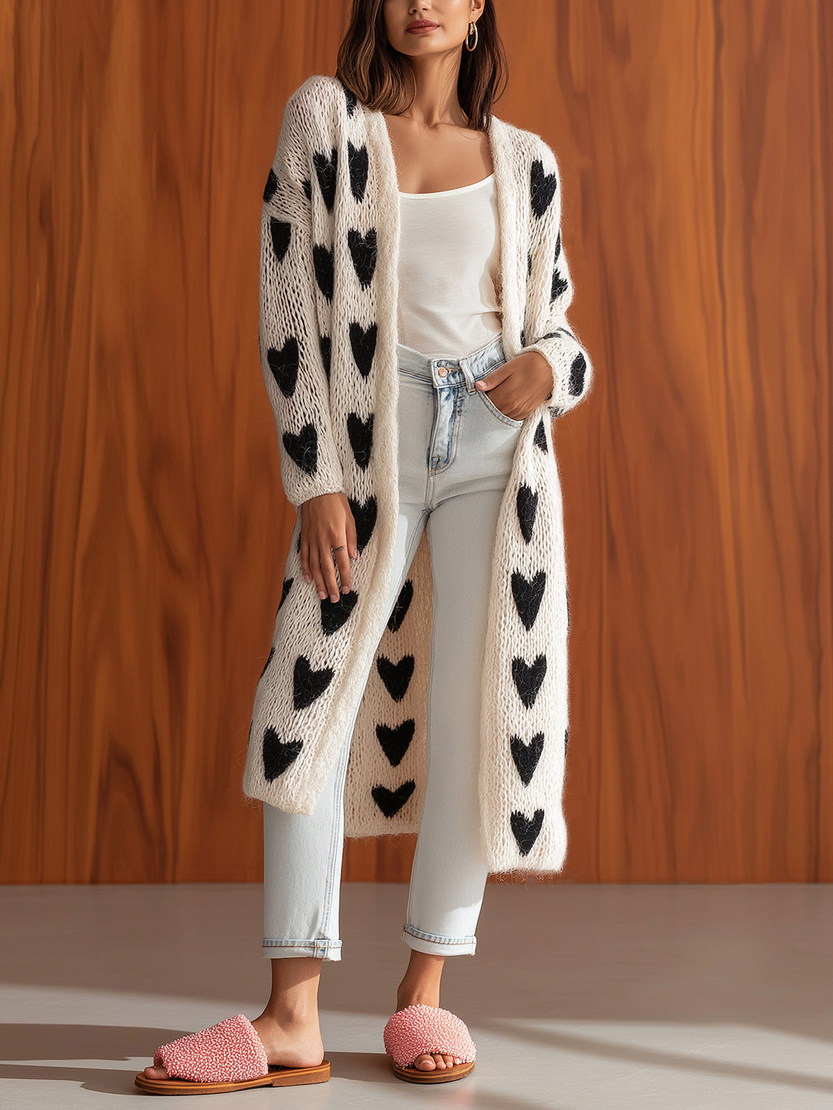 ElevenOra Chic Elegant Black White Heart Pattern Collarless Long-Sleeve Loose-Fit Knit Mid-Length Cardigan