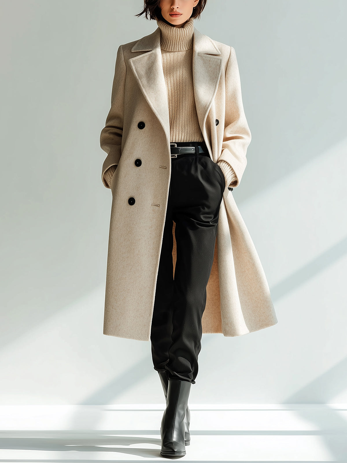 ElevenOra Chic Vintage Beige Wool Blend Peak Lapel Double-Breasted Warm Long Coat