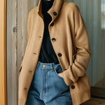 ElevenOra Chic Casual Camel Stand Collar Single-Breasted Long Sleeve Flap Pocket Oversized Knit Cardigan