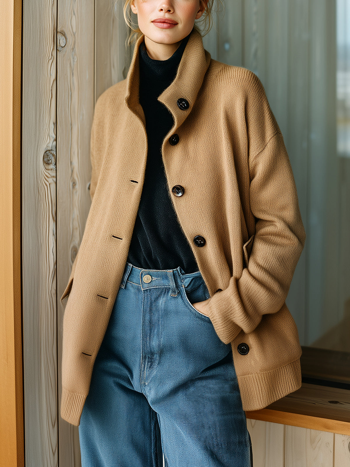 ElevenOra Chic Casual Camel Stand Collar Single-Breasted Long Sleeve Flap Pocket Oversized Knit Cardigan