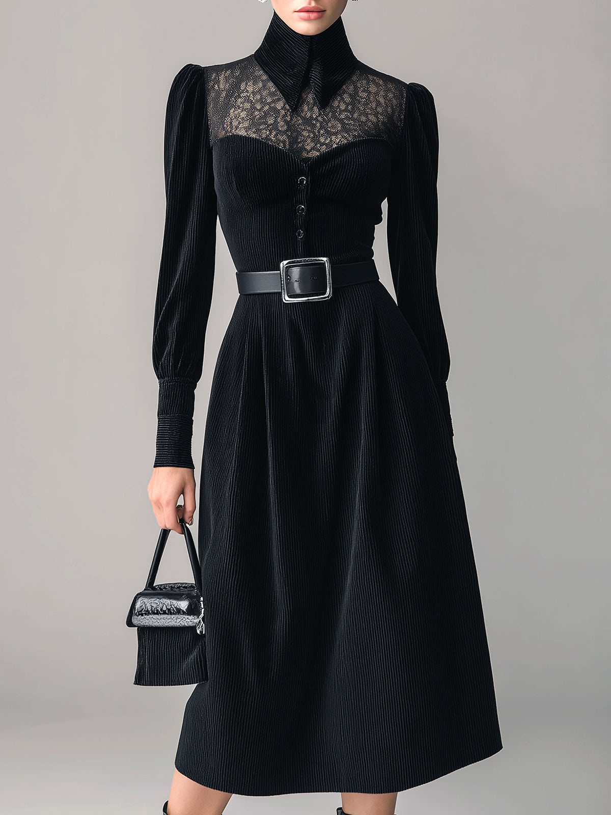 ElevenOra Casual Vintage Corduroy Lace Panel Lapel Collar Tailored Waist Belted Long Sleeve Midi Dress