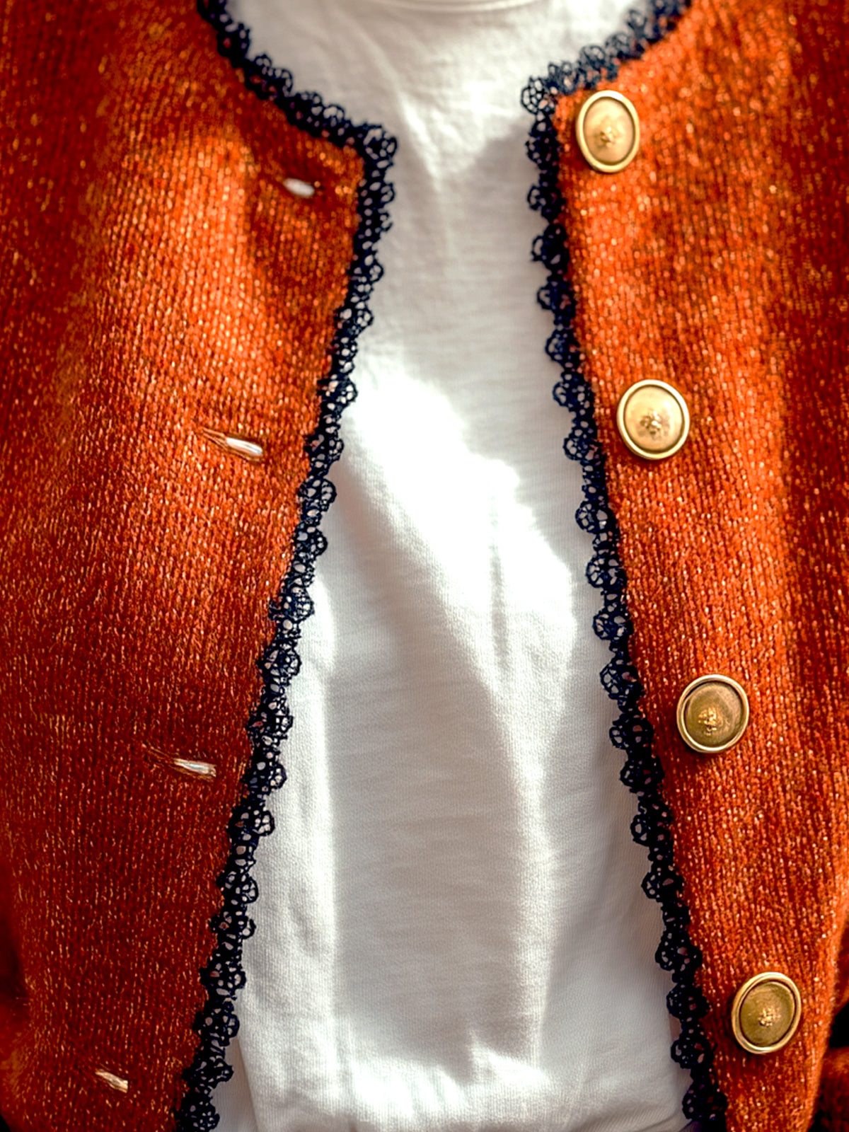 ElevenOra Chic Casual Orange-Red Round Neck Gold Button-Front Contrast Lace Trim Cropped Knit Cardigan