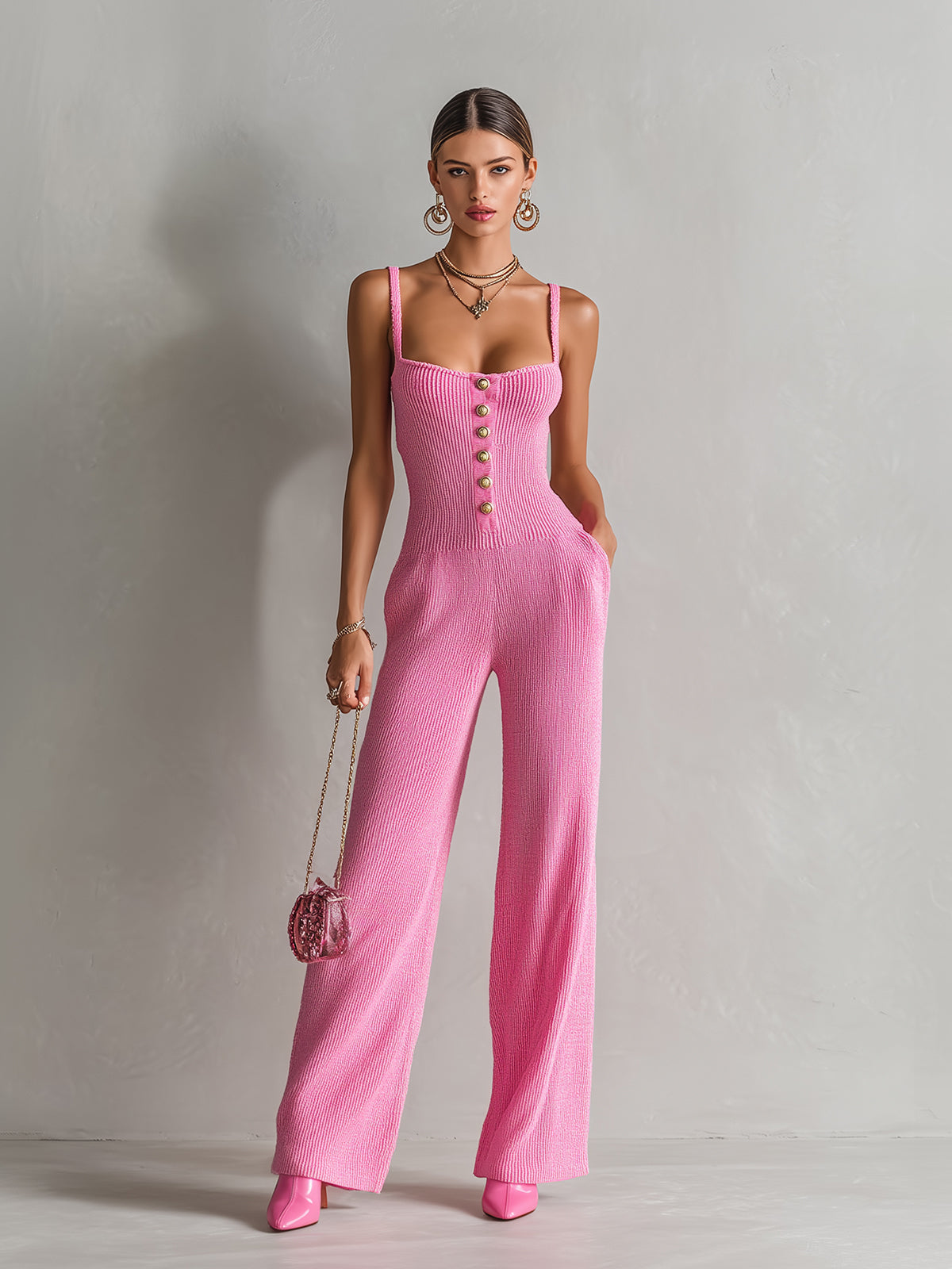 ElevenOra Chic Elegant Hot Pink Square-Neck Sleeveless Gold Button Details Slim-Fit Wide-Leg Ribbed Knit Jumpsuit