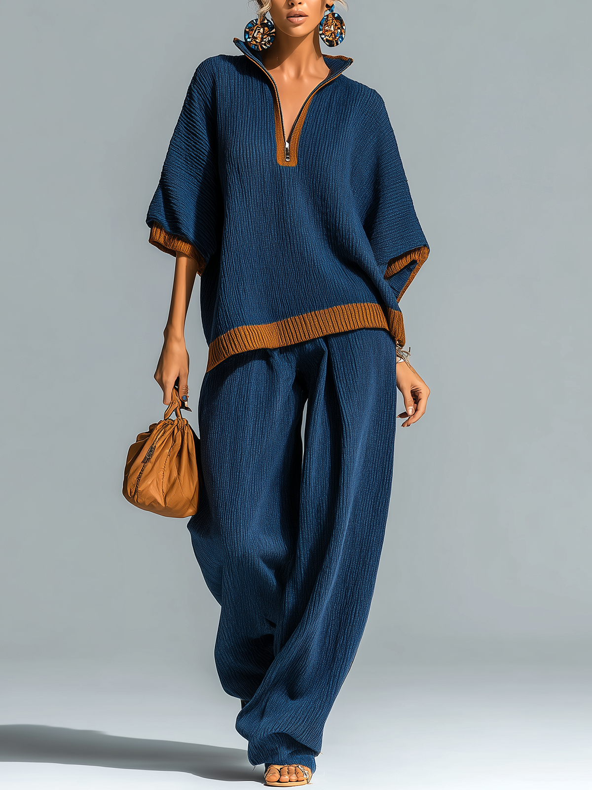 ElevenOra Fashion Casual Navy Blue Colorblock Stand-Collar Zipper-Front Short-Sleeve Loose Sweater Wide-Leg Pants Knit Two-Piece Set