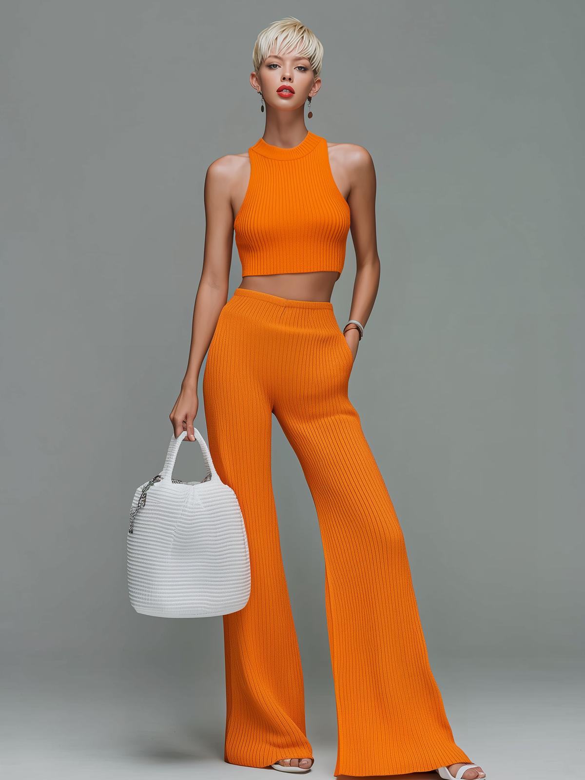 ElevenOra Fashion Elegant Orange High-Neck Slim-Fit Tank Top Elastic Waist Wide-Leg Pants Ribbed Knit Two-Piece Set