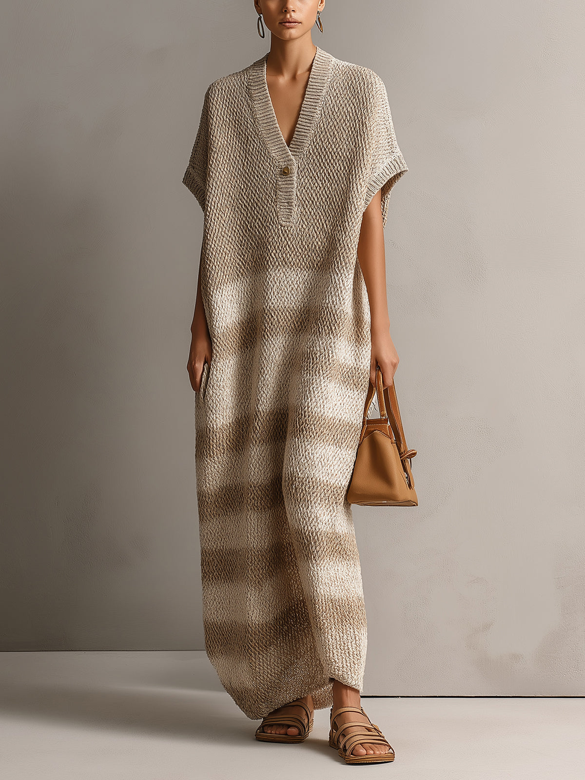 ElevenOra Chic Elegant Light Camel-Beige Colorblock V-Neck Button-Front Short-Sleeve Oversize Knit Maxi Dress
