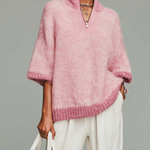 ElevenOra Stylish Casual Pink Stand-collar Zippered Short-sleeved Loose Knit Sweater Top