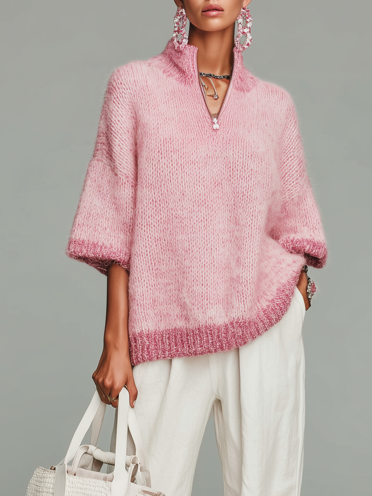 ElevenOra Stylish Casual Pink Stand-collar Zippered Short-sleeved Loose Knit Sweater Top