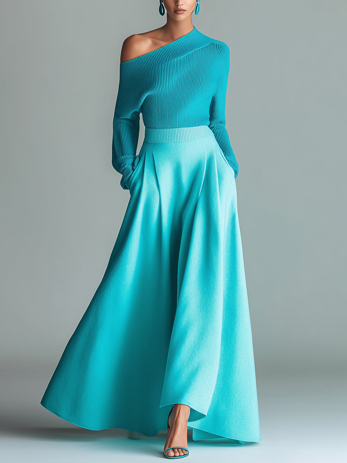 ElevenOra Chic Elegant One-Shoulder Long-Sleeve Sweater Elastic Waist A-Line Maxi Skirt Contrast Knit Two-Piece Set