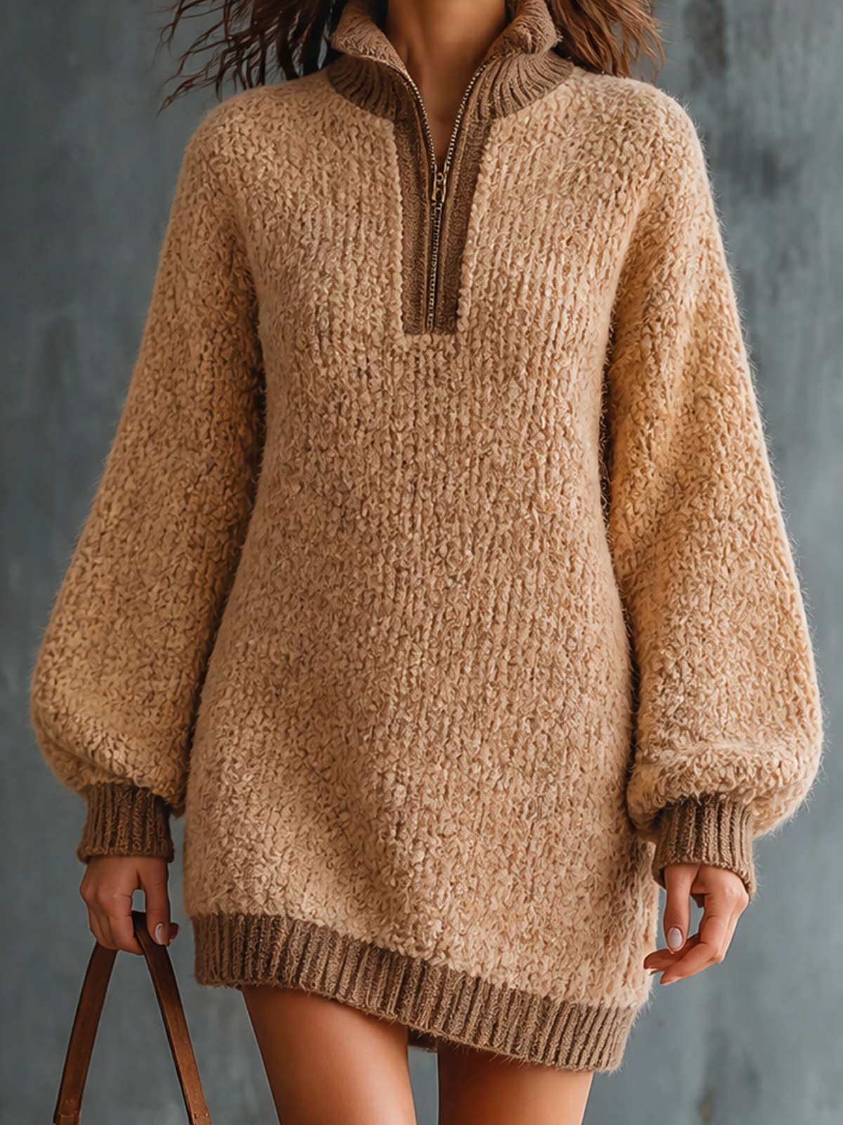 ElevenOra Chic Elegant Camel Stand Collar Half-Zipper Contrast Trim Long Sleeve Loose-Fit Chunky Knit Mini Dress