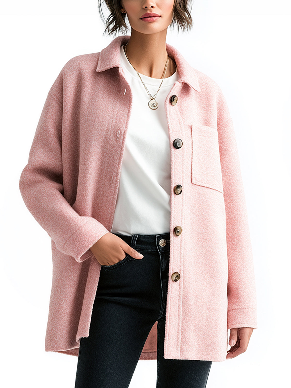 ElevenOra Chic Vintage Pink Wool Blend Lapel Single-breasted Patch Pocket Loose Shirt Jacket