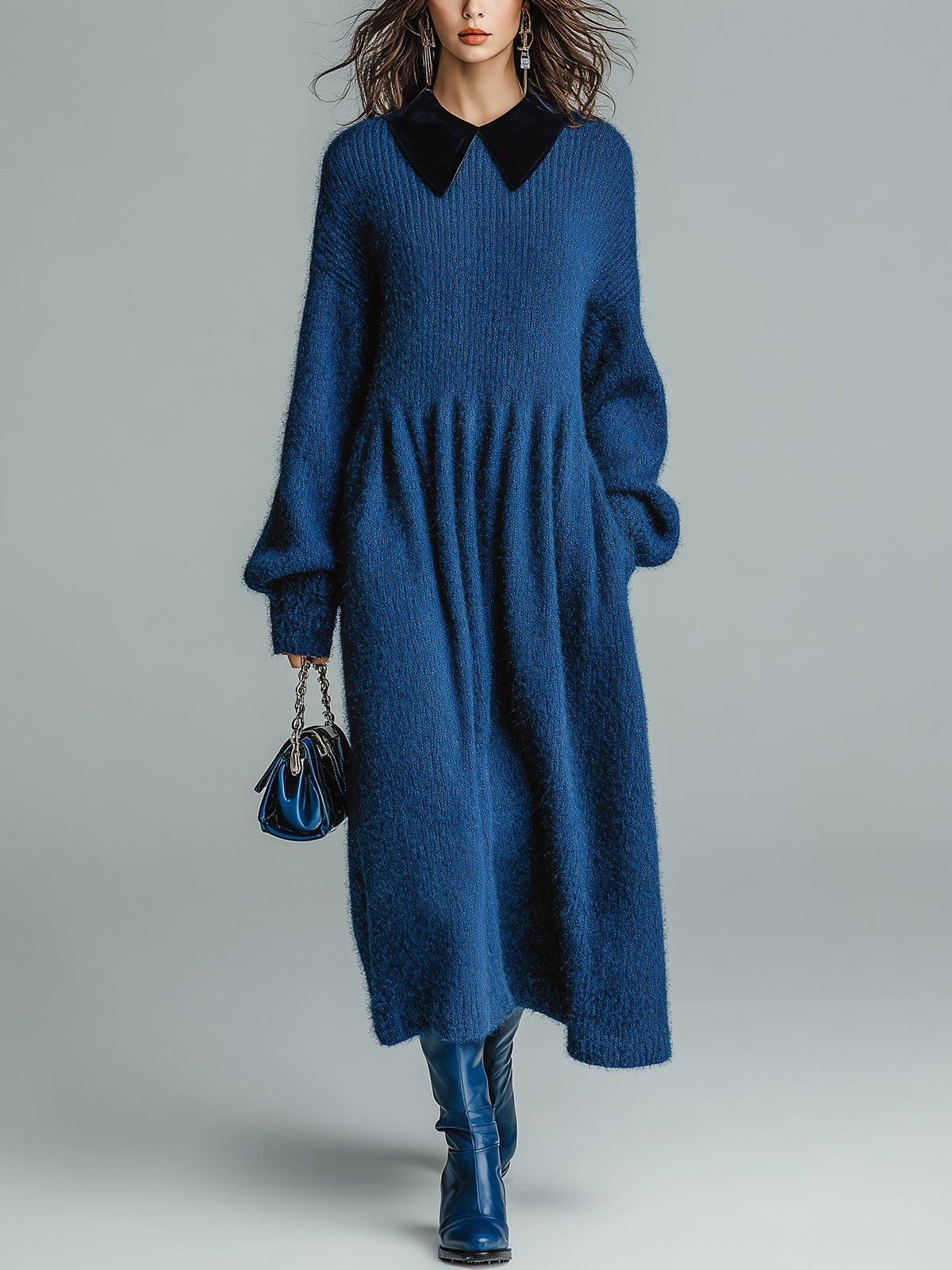 ElevenOra Chic Vintage Royal Blue Contrast Lapel Neck Long Sleeve Pleated Waist Oversized Knit Maxi Dress