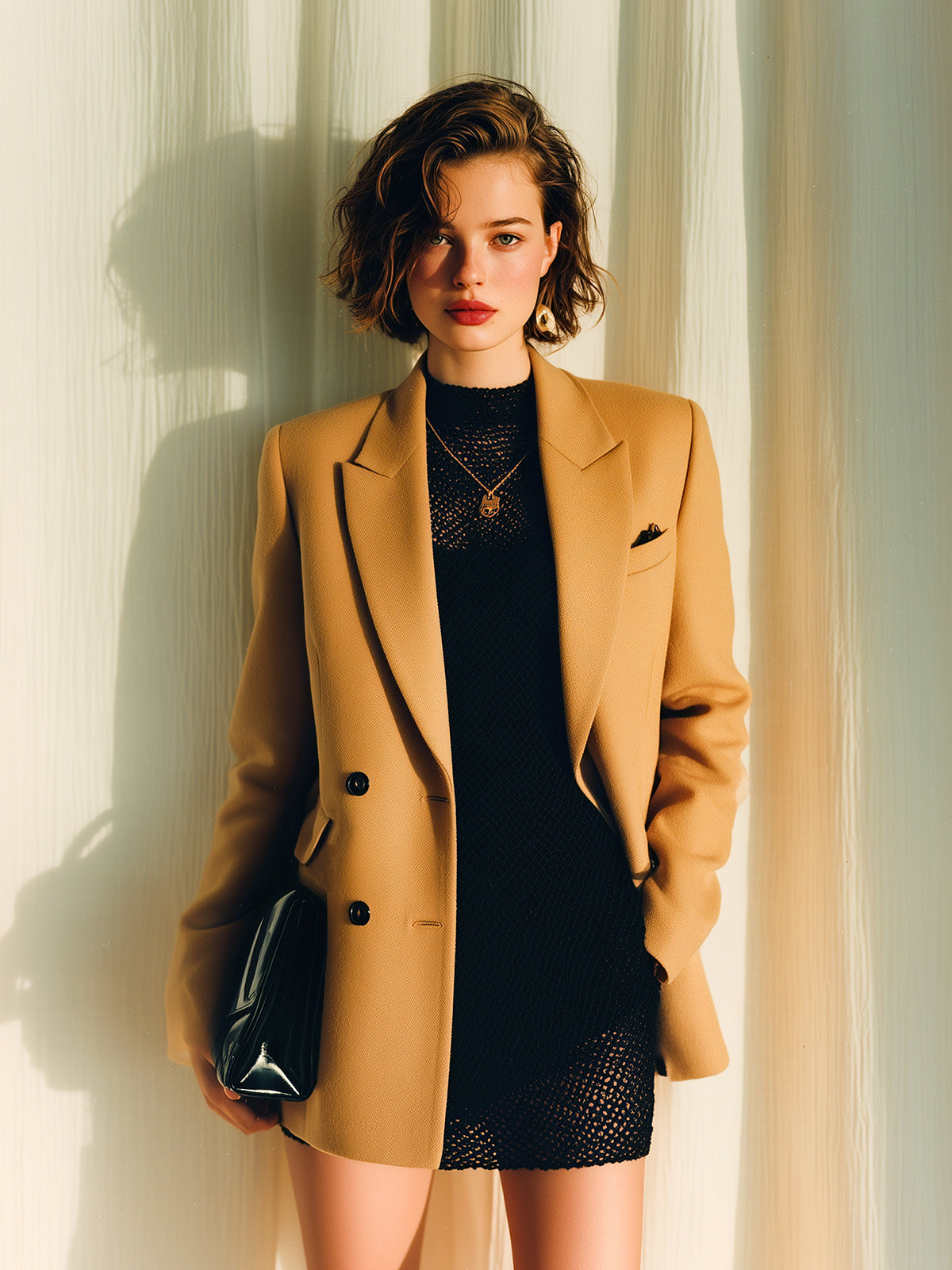 ElevenOra Chic Vintage Khaki Peaked Collar Double-Breasted Padded Shoulder Flap Pocket Blazer