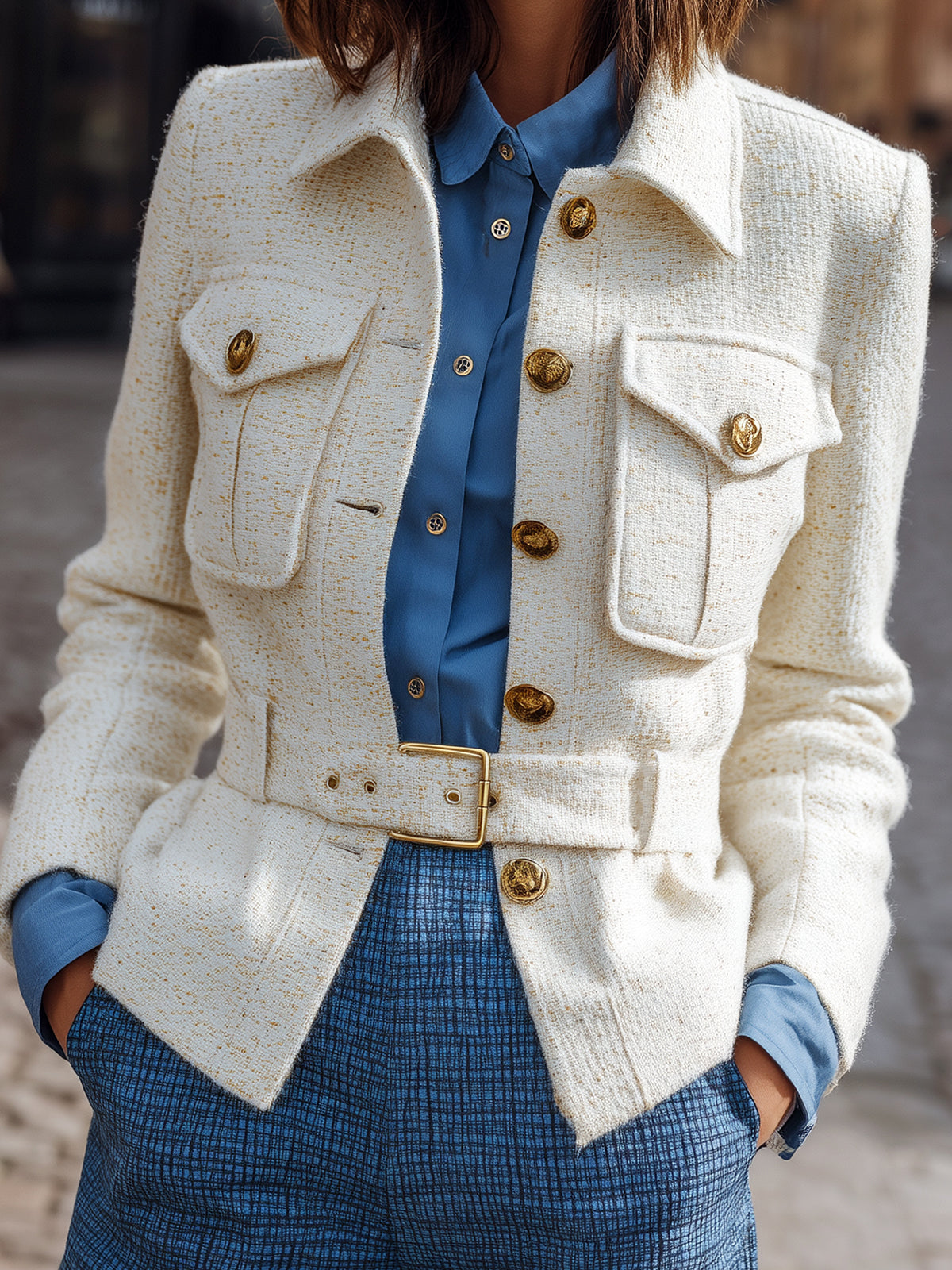 ElevenOra Vintage Casual Wool Blend Lapel Collar Metal Button Single-Breasted Belted Jacket