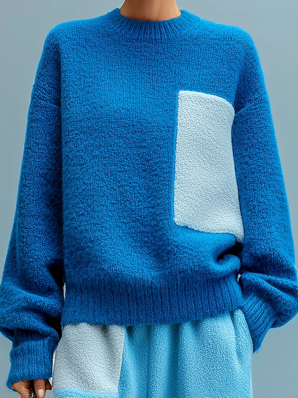 ElevenOra Chic Casual Blue Crew Neck Contrast Patch Long Sleeve Oversized Knit Sweater Top