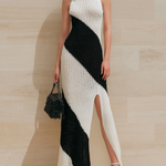 ElevenOra Stylish Elegant Black-White Colorblock Round Neck Sleeveless Slim-Fit Side Slit Ribbed Knit Maxi Dress