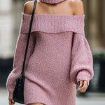 ElevenOra Stylish Off-shoulder With Neck Warmer Lantern Sleeve Loose Knit Mini Dress