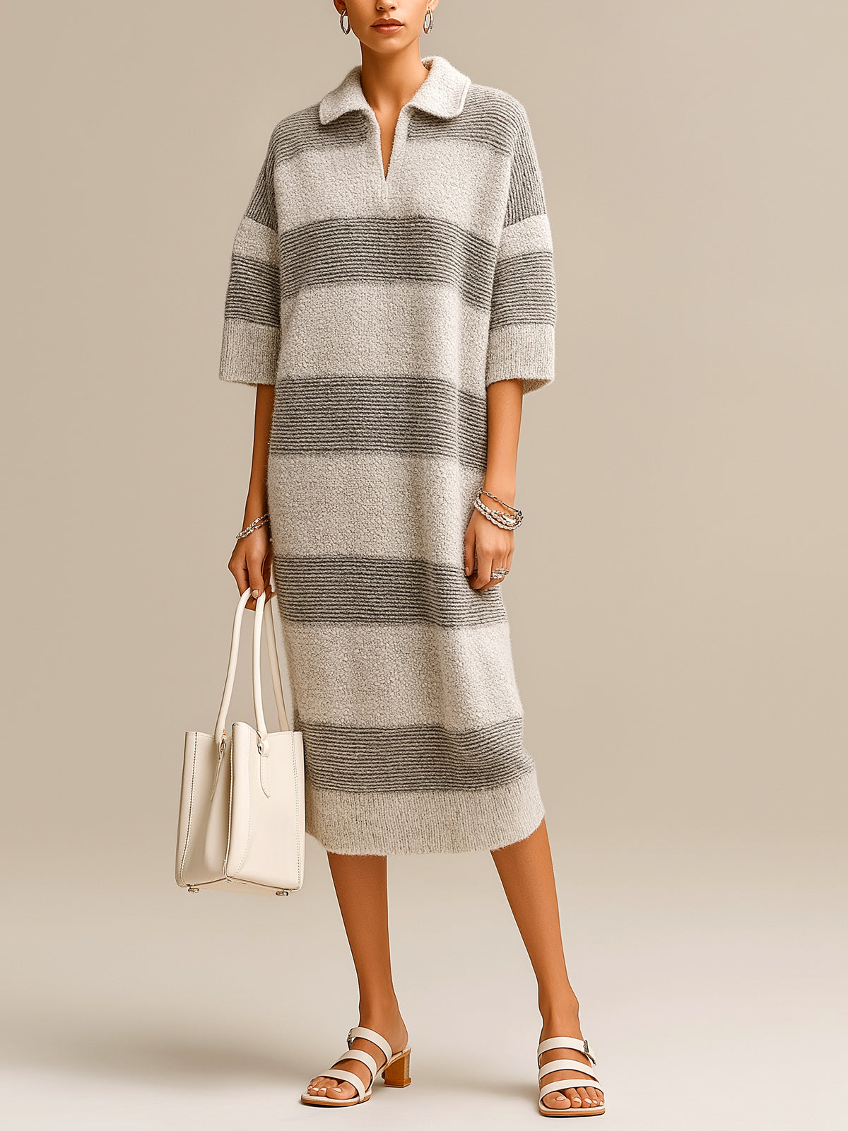 ElevenOra Chic Casual Gray Colorblock Stripes Lapel V-Neck Short-Sleeve Oversize Knit Midi Dress
